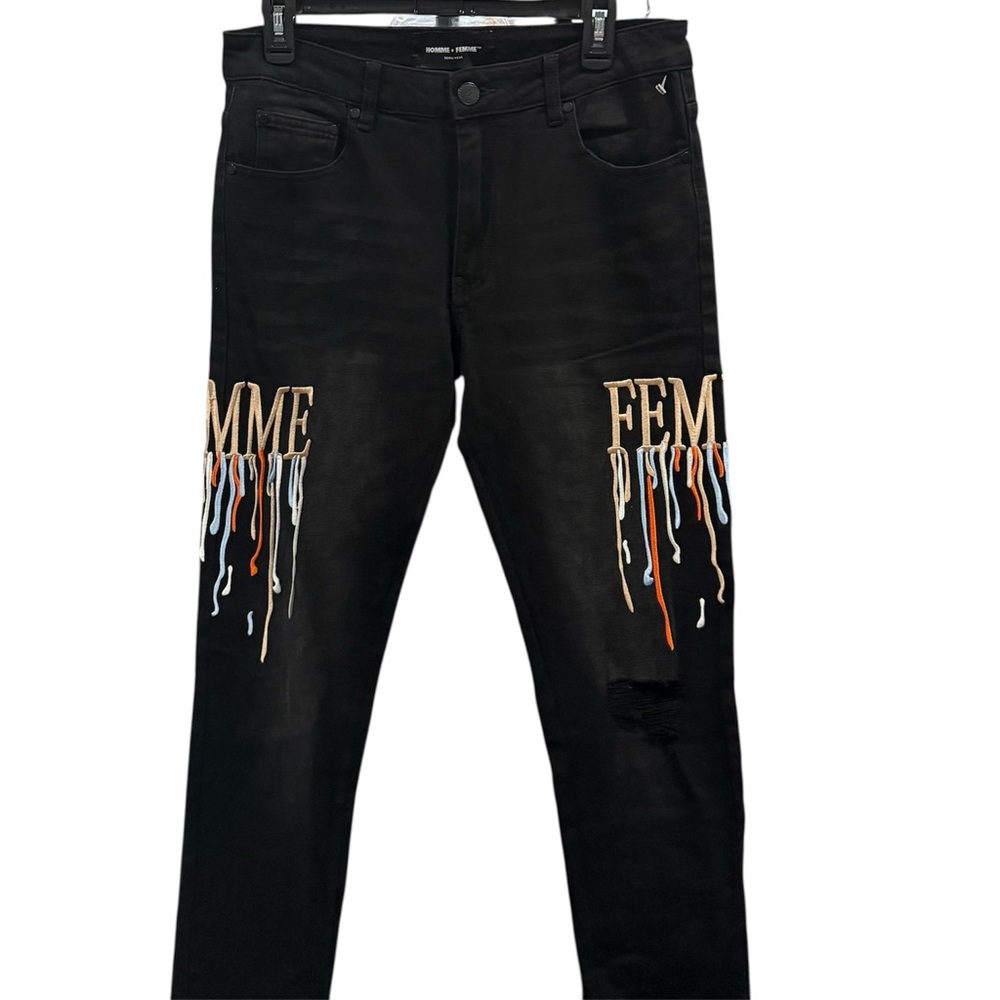 Homme + Femme Letterman Drip Black Denim Jeans, size 32 NWT